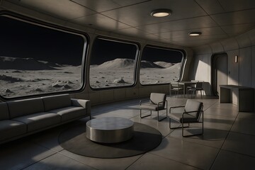 Futuristic lunar base interior living space with comfortable seating and stunning views of the moon landscape a beautiful home decor design
