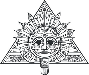 Black and white tribal sun mask with detailed design inside a decorated triangle symbolizing ancient culture and mythology