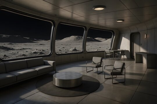 Futuristic lunar base interior living space with comfortable seating and stunning views of the moon landscape a beautiful home decor design - Powered by Adobe