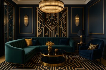 Luxurious art deco inspired living room featuring teal velvet sofa and elegant gold accents home decor interior design
