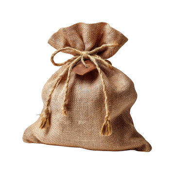 Burlap sack with tie on transparent background