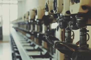 Fototapeta premium Row of Industrial Sewing Machines in Factory