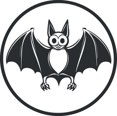 Black and white cartoon illustration of a cute bat with wings spread inside a circle