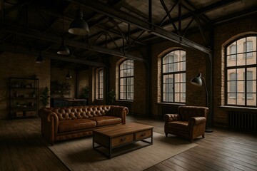 Luxurious interior design in a converted industrial loft with leather chesterfield sofa coffee table and arched windows
