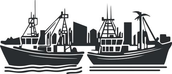 Silhouette of two fishing boats on water with city skyline in the background