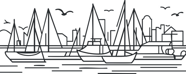 Black and white line art illustration of sailboats docked in a harbor with city skyline and seagulls flying above.