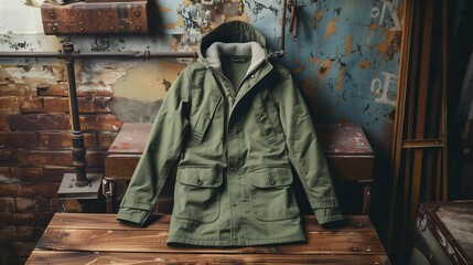 Fototapeta premium Parka jacket on wooden table with urban industrial background,fabric texture visible,person,design