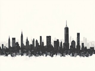 Naklejka premium Monochromatic cityscape skyline, showcasing various building heights and architectural styles against a stark white background