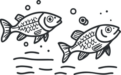 Black and white line drawing of two fish swimming underwater with bubbles and water lines