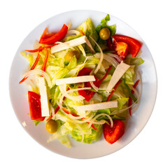 Crisp and refreshing colorful salad, perfect for dinner, with mix of lettuce, sliced tomatoes, onion, olives and cheese, served on white plate. Isolated over white background