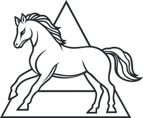 Stylized black and white vector illustration of a running horse in front of a triangle shape symbolizing power and freedom.