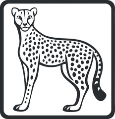 Black and white illustration of a cheetah with spots standing in a square frame representing wildlife and speed