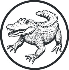 Black and white detailed illustration of a crocodile inside a circle showing its sharp teeth and scaly body
