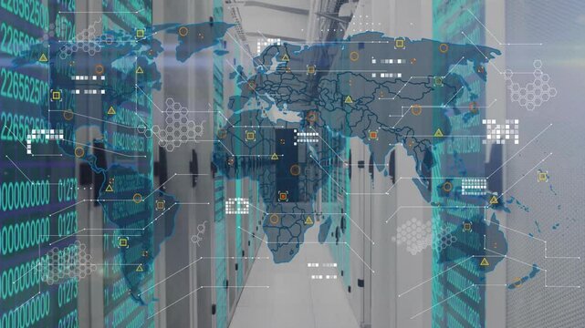 3D data center aisle animating binary code and network nodes, featuring server racks