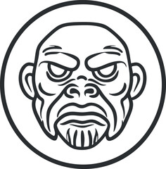 Black and white line art illustration of a fierce gorilla face in a circular frame