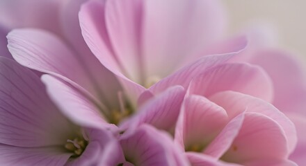 Fototapeta premium An extreme macro photograph captures the delicate, overlapping layers of soft pink and lavender flower petals, creating an intimate and abstract floral study