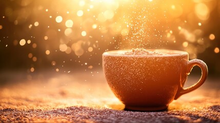 Obraz premium Golden hour cocoa cup warm drink cozy winter vibes