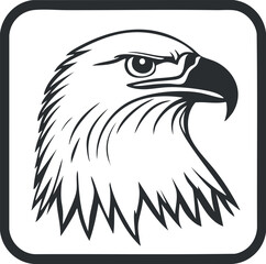 Monochrome illustration of an eagle's head in profile with sharp beak and detailed feathers symbolizing strength and freedom.