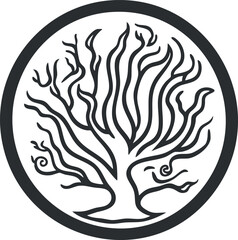 Abstract black and white tree silhouette with twisted branches inside a circular frame