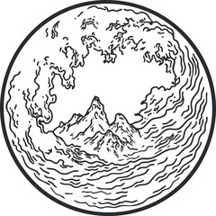 Black and white line art of a large ocean wave curling around mountain peaks inside a circular frame