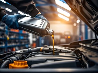 Close-up of a Mechanic’s Hands Pouring Engine Oil Into a Car’s Engine in an Open Workshop Setting. Perfect for Automotive Maintenance and Repair Use.	