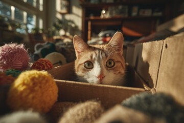 Intense orange tabby domestic feline gazes intently from inside a cardboard container filled with yarn balls indoors.