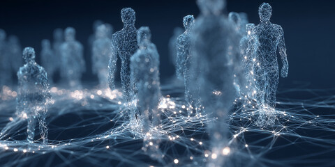 Abstract image of translucent figures connected by glowing lines, suggesting a network or digital community, symbolizing connection, technology, and global communication
