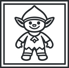 Line art illustration of a cute smiling elf character with pointed ears and a hat