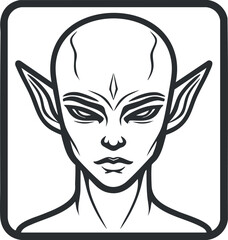 Black and white line art of a mysterious alien creature with large pointed ears and a bald head in a square frame