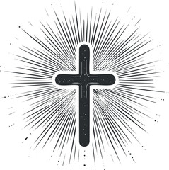 Black Christian cross with radiant light rays background symbolizing faith and spirituality