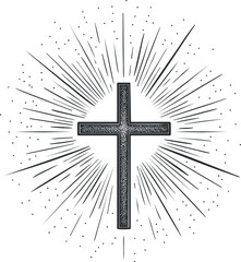 Black and white illustration of a Christian cross with radiant glowing light rays representing faith and spirituality
