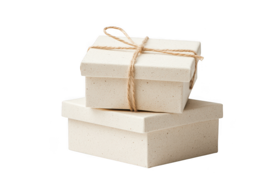 Stacked gift boxes with twine on transparent background