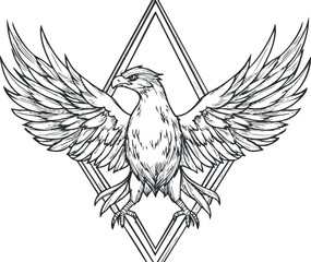 Black and white line art illustration of an eagle with spread wings inside a double outlined triangle symbol
