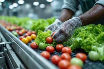 African worker sorts tomatoes and lettuce on production line at a food processing plant, wearing gloves for hygiene and safety
