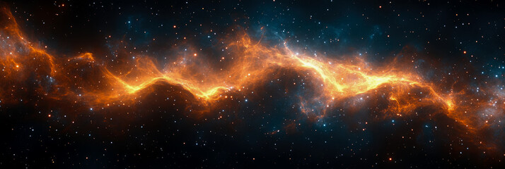 Fototapeta premium Cosmic Ribbon: A fiery nebula dances across the void, framed by celestial stardust, evoking cosmic grandeur and celestial wonder