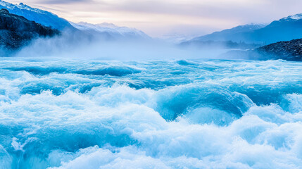 Fototapeta premium Majestic torrent: Rapids cascade among misty peaks