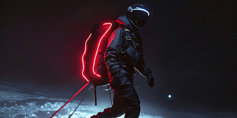 A Lone Astronaut in a Dark, Icy Landscape Wearing a Black Suit with Illuminated Red Details on the Backpack, Showcasing a Futuristic and Isolated Exploration Scene.