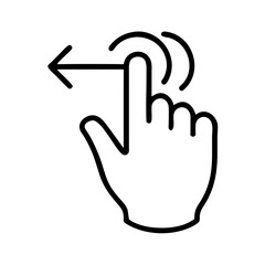 Minimalist black and white icon of a hand swiping left gesture with motion lines, touchscreen interaction symbol, isolated on white
