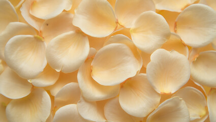 Close up view of numerous soft creamy colored rose petals scattered together