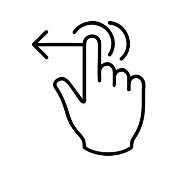 Minimalist black and white icon of a hand swiping left gesture with motion lines, touchscreen interaction symbol, isolated on white