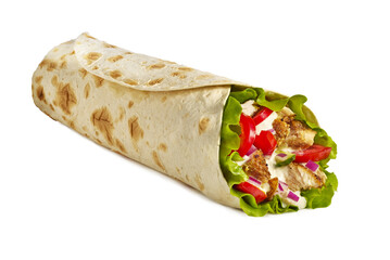 A delightful and fresh Chicken Wrap filled with vibrant vegetables and drizzled with sauce