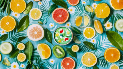 Summer Tropical Fruit Arrangement: Vibrant Citrus, Kiwi, and Refreshing Green Gazpacho, great for healthy Recipes, Posters, Prints, Cards