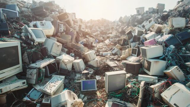 A vast pile of discarded computer monitors and peripherals creates a stark visual representation of technological waste and obsolescence.