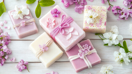 Spa Concept: Artistic set of fragrant soaps and delicate cherry blossoms for a rejuvenating bathing experience