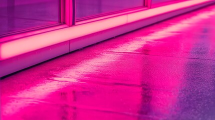 Fototapeta premium Vibrant Pink Neon Light Reflecting on Wet Pavement at Night