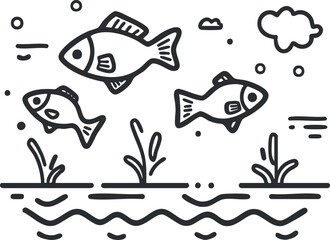 Black and white line drawing of three fish swimming underwater with seaweed and water elements