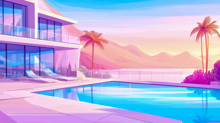 Fototapeta premium Coastal Oasis: A luxurious home with pool and palm trees at a serene tropical sunset