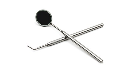 Two essential stainless steel dental instruments, a mouth mirror and a common dental explorer (or scaler/probe), are neatly crossed and precisely arranged.
