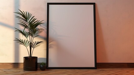 Blank poster in black frame standing on wooden floor with small potted plant beside it,interior,wall