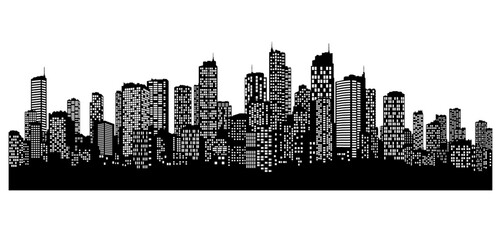black silhouette of a big city with skyscrapers and windows or a panorama of a city without a background © KRvisualPRO
